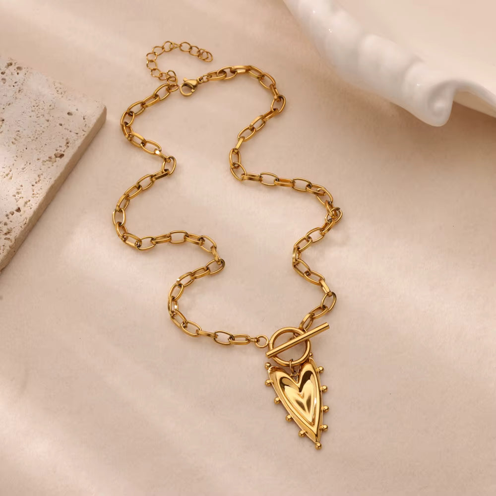 Gold Heart Pendant Necklace with Toggle Clasp & Paperclip Chain