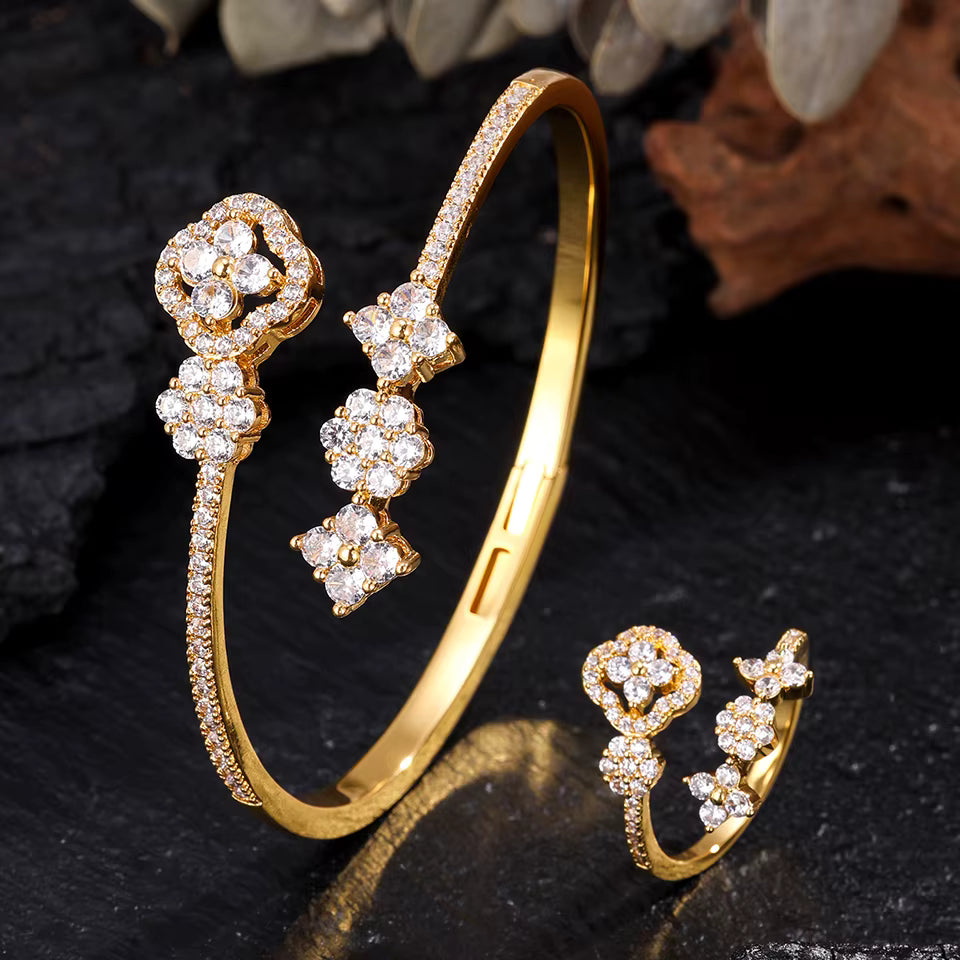 Gold Floral Crystal Bangle & Ring Set – Elegant Diamond-Style Statement Jewellery