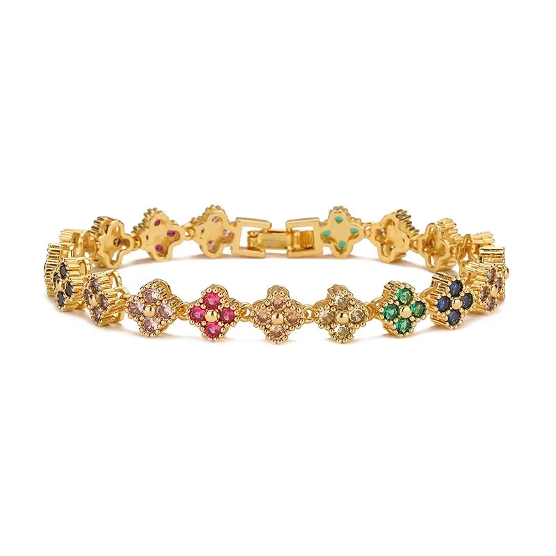 Gold Clover Charm Bracelet with Coloured Stones