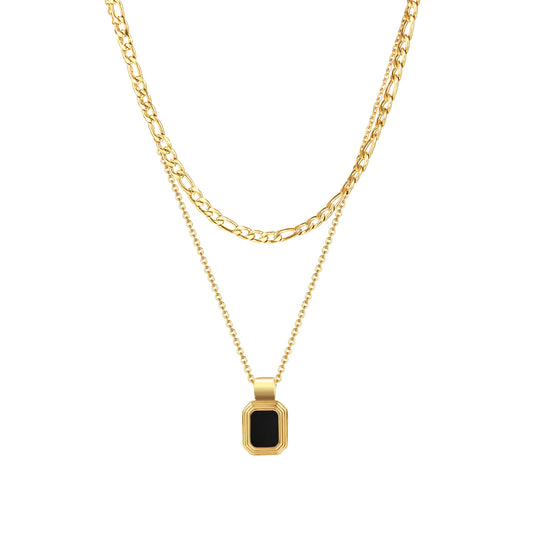 Layered Gold Chain Necklace with Black Pendant – Minimalist Double Chain Statement Necklace