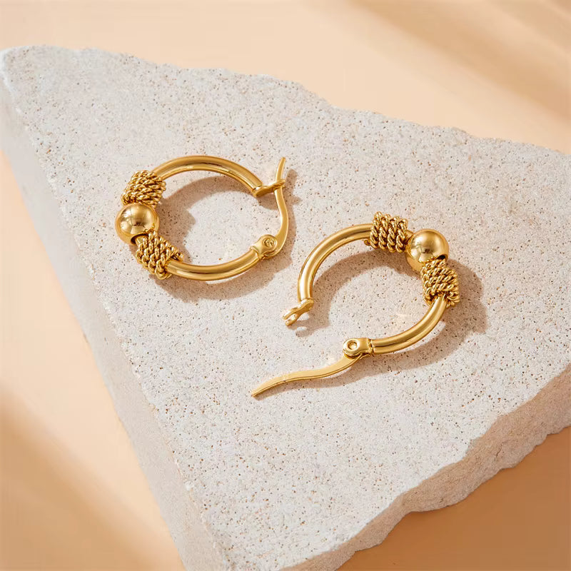 Gold Hoop Earrings with Textured Bead Detail