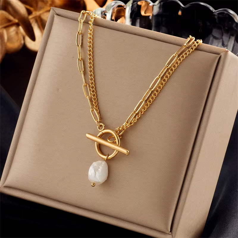 Gold Toggle Pearl Necklace | Layered Link Chain Necklace with Faux Pearl Pendant