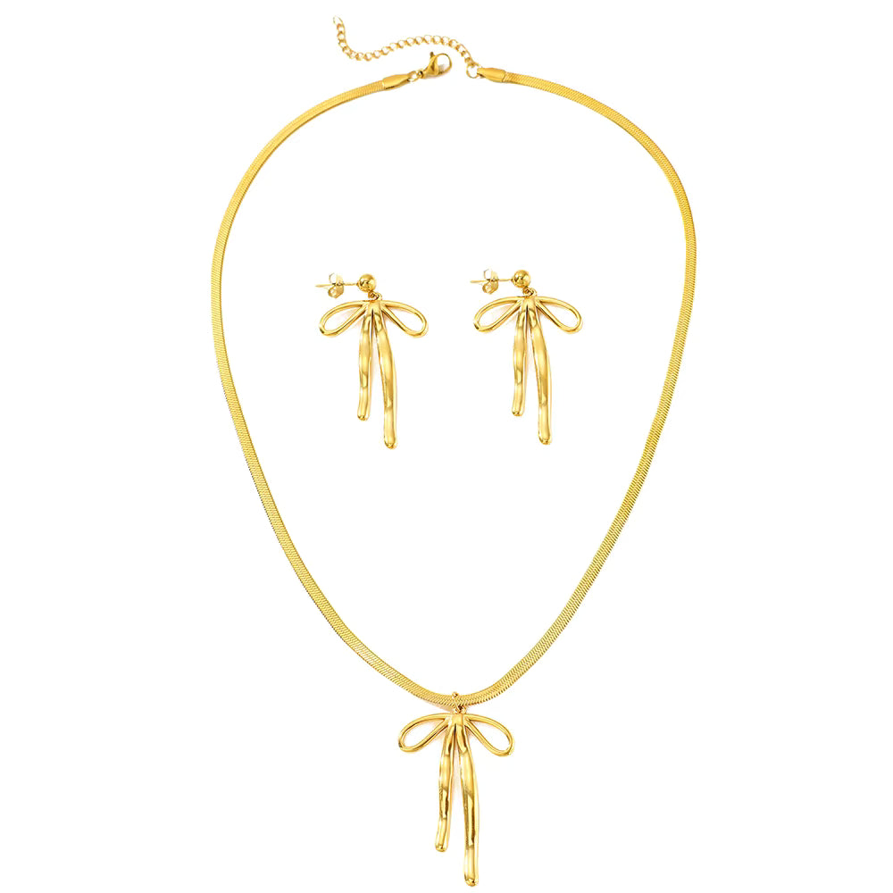 Gold Bow Pendant Necklace & Matching Drop Earrings Set – Elegant Minimalist Jewellery Set