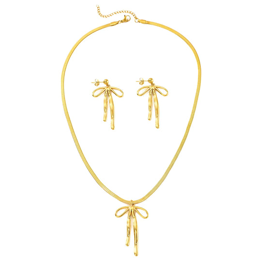 Gold Bow Pendant Necklace & Matching Drop Earrings Set – Elegant Minimalist Jewellery Set