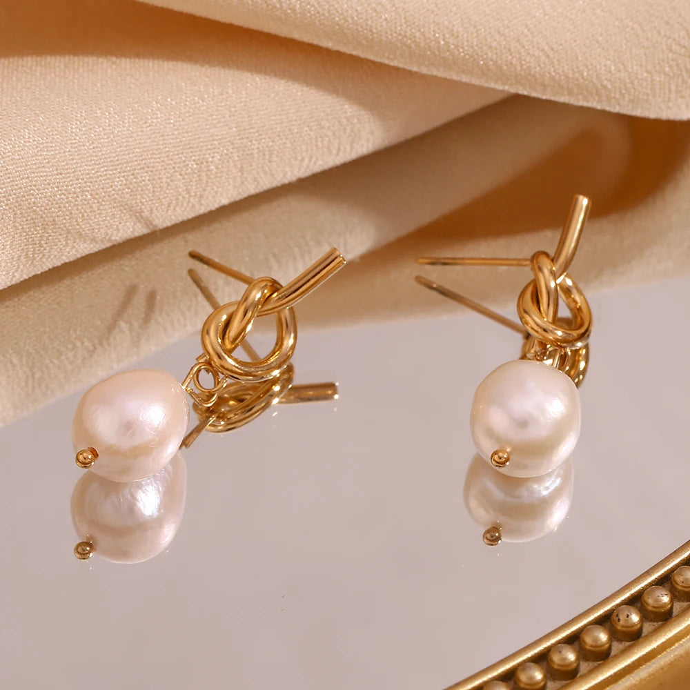 Knots of Grace: Pearl Drop Gold Earrings