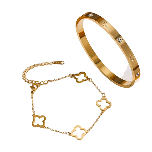 Gold/Silver Clover Bracelet & Bangle Set – Elegant Lucky Charm Adjustable Jewelry