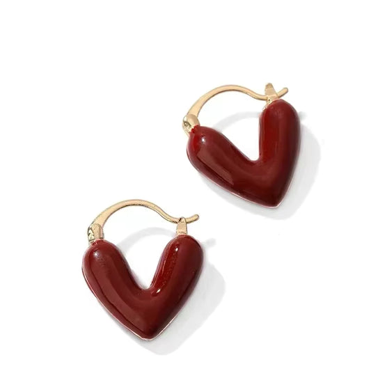 Burgundy Heart Hoop Earrings – Gold Tone Statement Love Jewellery