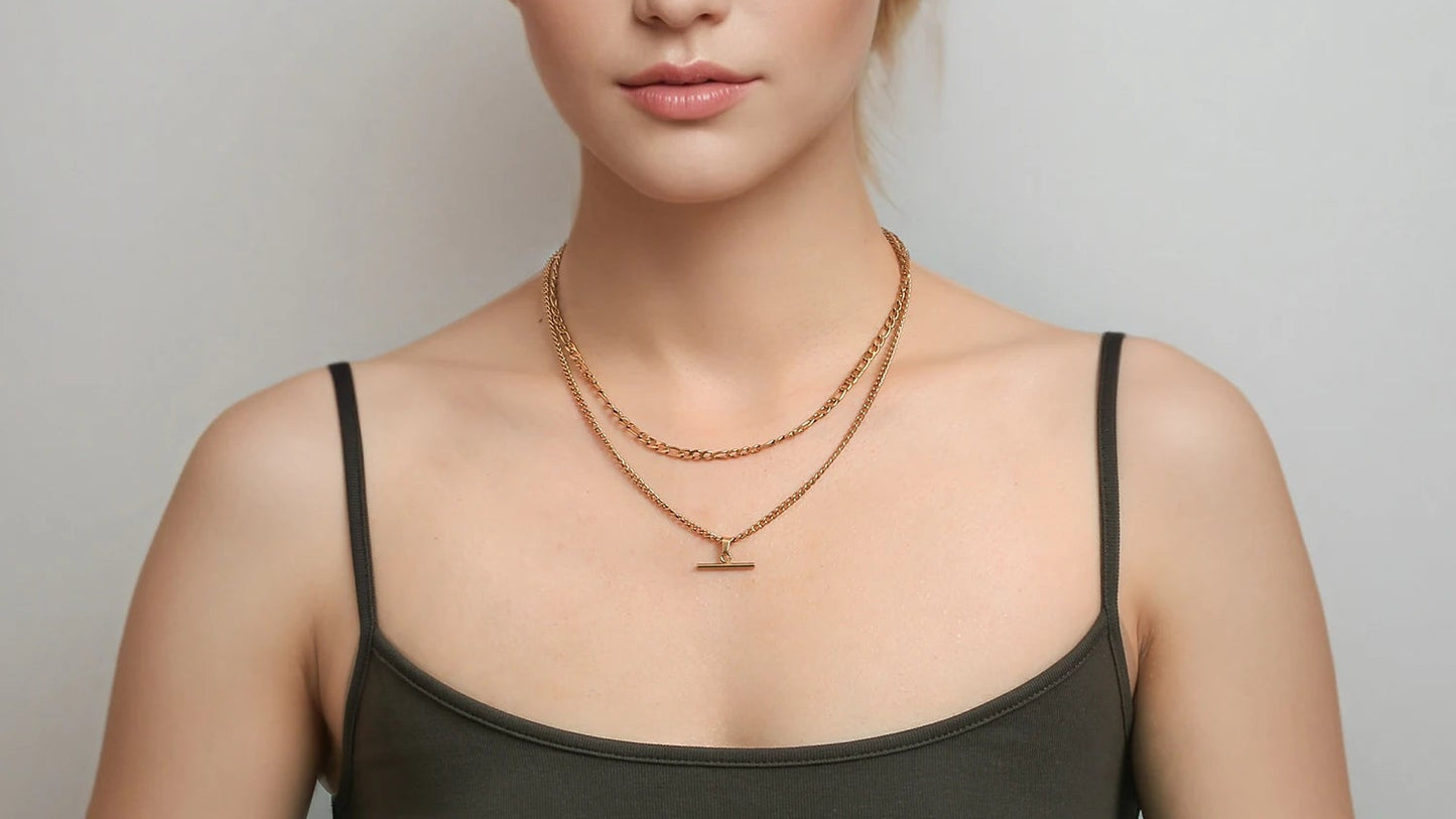 18K Gold Plated Figaro Chain & T-Bar Pendant Double Layer Necklace - Stainless Steel