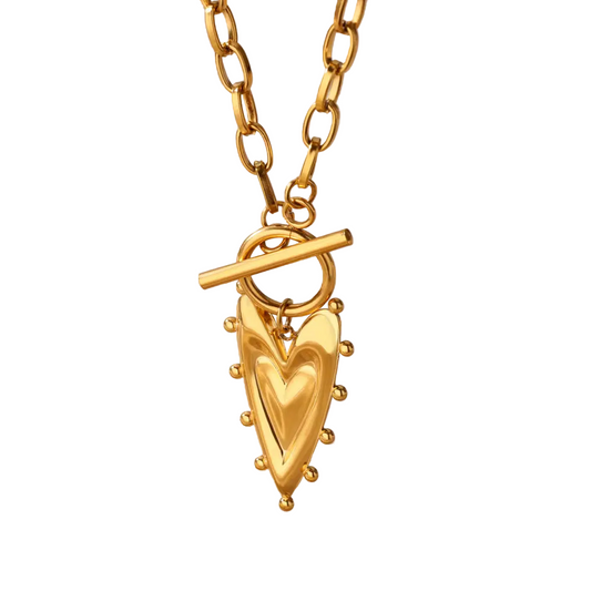 Gold Heart Pendant Necklace with Toggle Clasp & Paperclip Chain