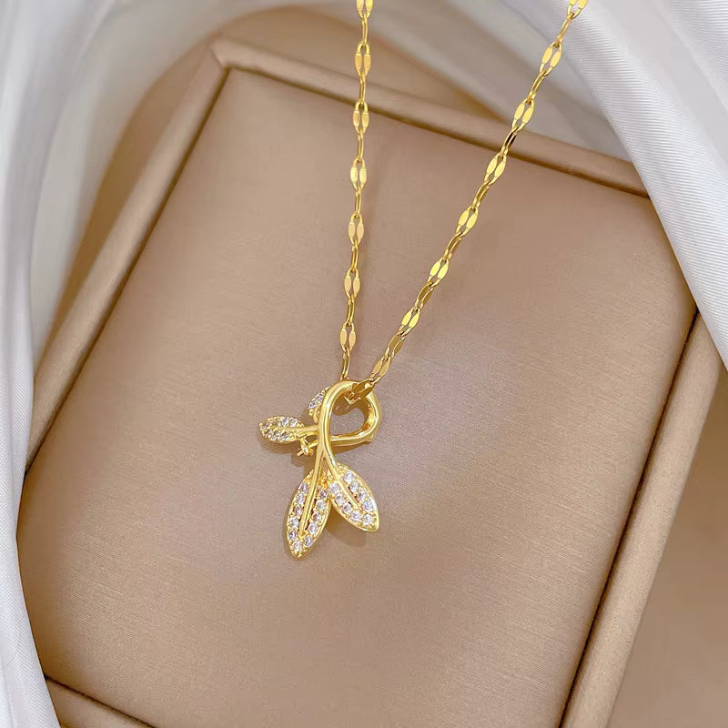 Gold Leaf Pendant Necklace with Crystal Detail