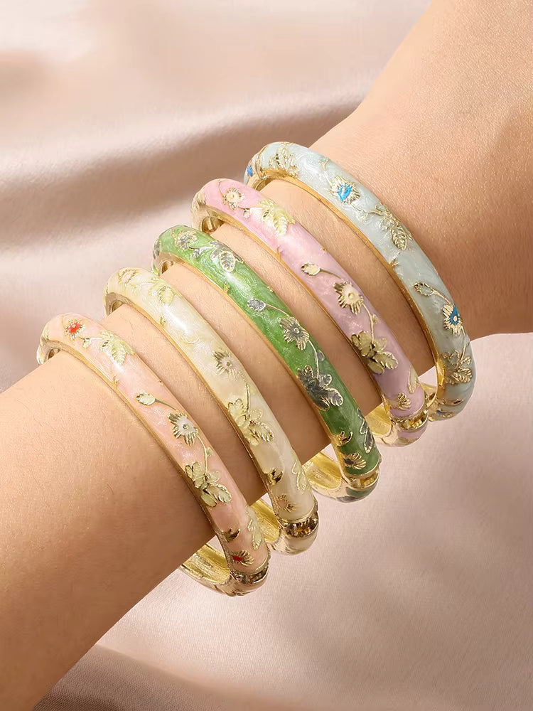 Floral Enamel Bangle Bracelet Set | Gold Stackable Bangles for Women
