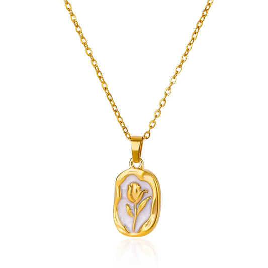 Gold Floral Pendant Necklace with Enamel Detail