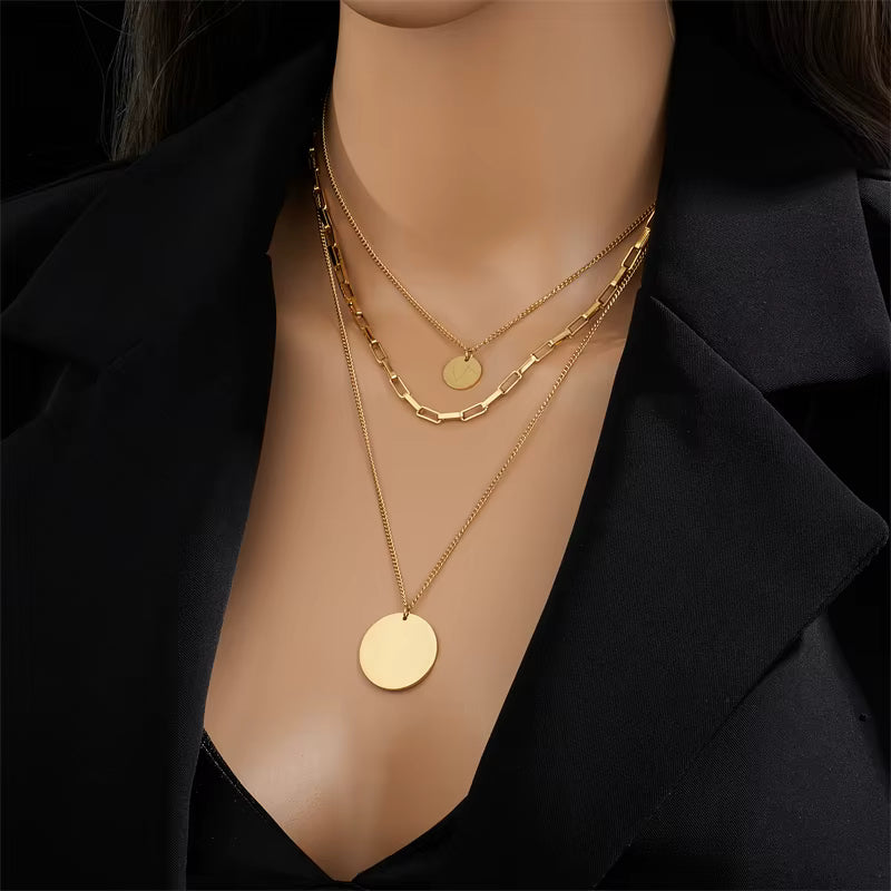 Gold Layered Chain Necklace with Disc Pendants – 3-Layer Design