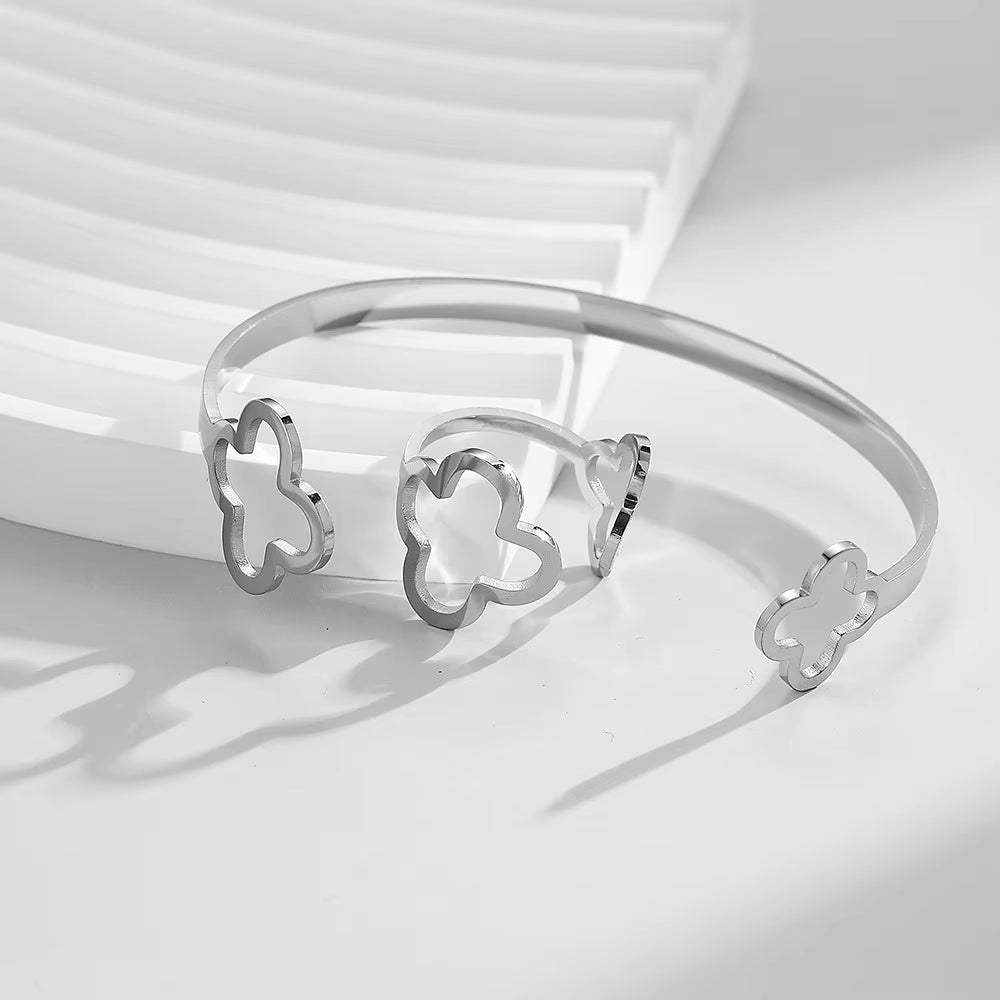 Gold Clover Bangle & Ring Set – Minimalist Open Bracelet with Matching Adjustable Ring