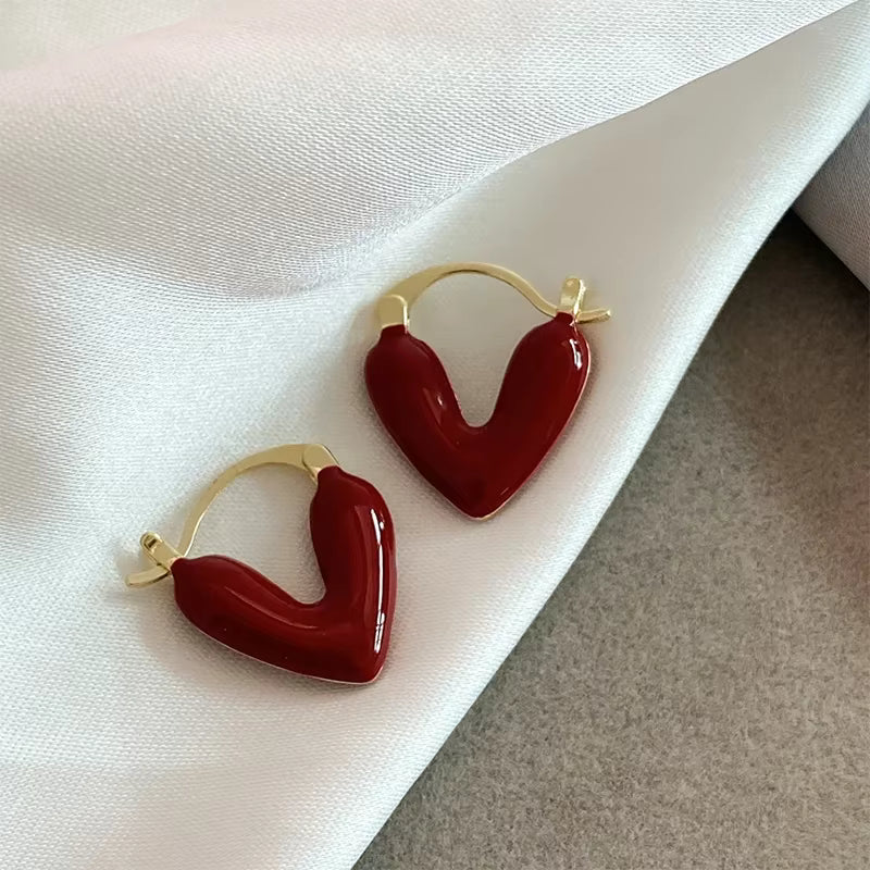 Burgundy Heart Hoop Earrings – Gold Tone Statement Love Jewellery