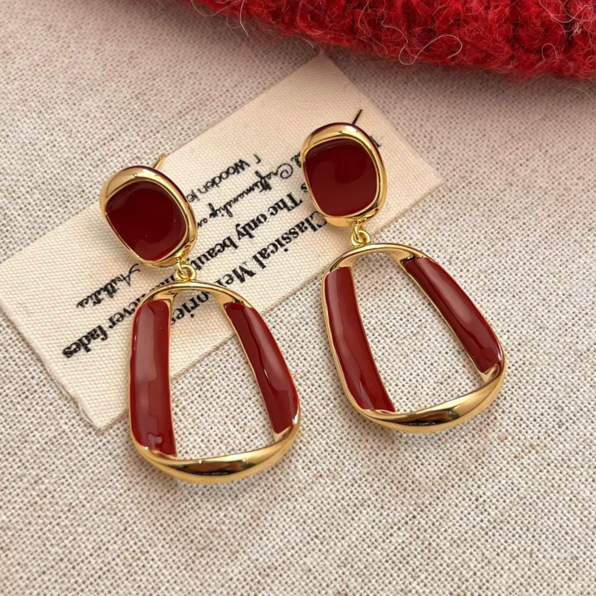 Red Resin Gold Drop Earrings – Modern Geometric Statement Dangle Earrings