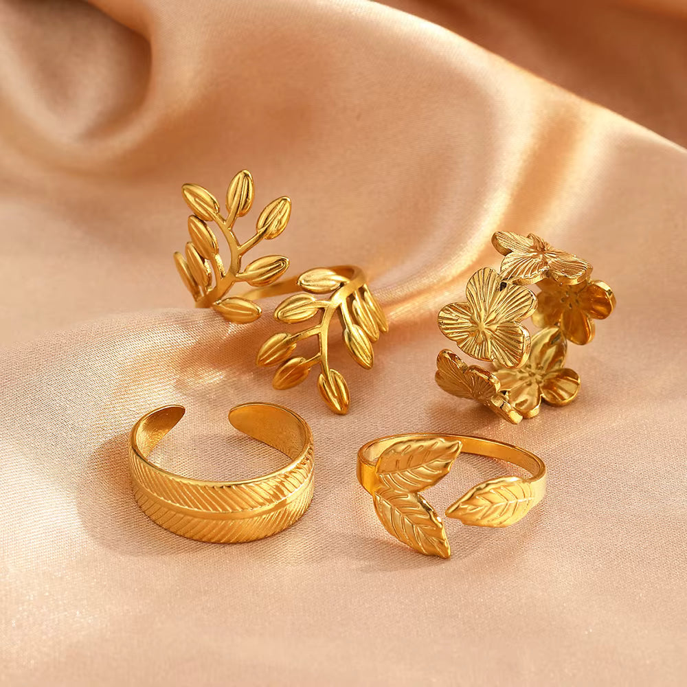 Gold Leaf Adjustable Ring Set – Botanical Nature-Inspired Statement Rings