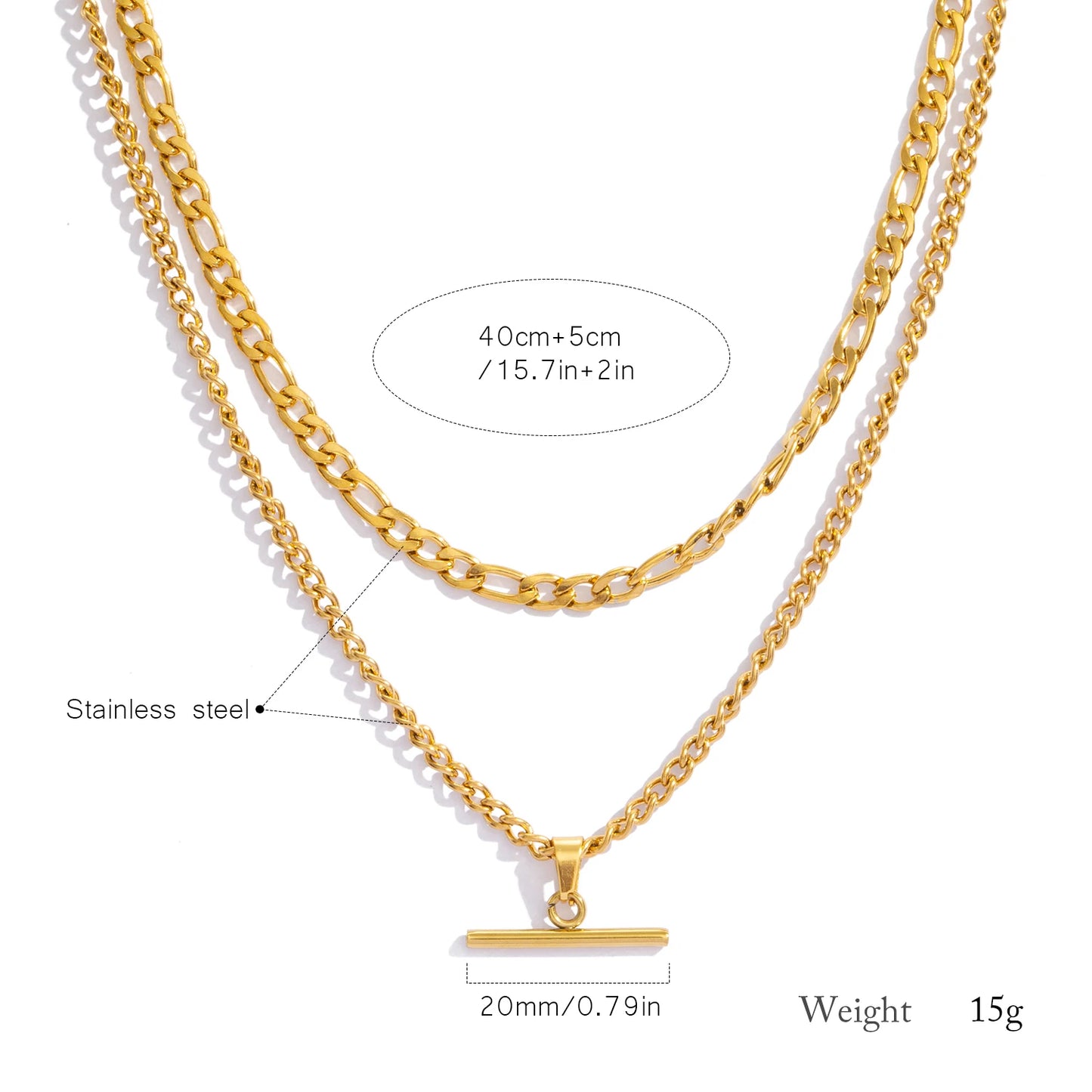 18K Gold Plated Figaro Chain & T-Bar Pendant Double Layer Necklace - Stainless Steel