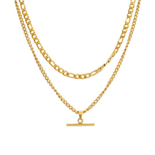 18K Gold Plated Figaro Chain & T-Bar Pendant Double Layer Necklace - Stainless Steel