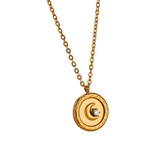 Gold Crescent Moon Pendant Necklace with Crystal Detail