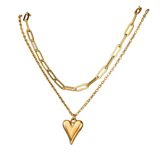 Double layer paperclip necklace with heart pendant