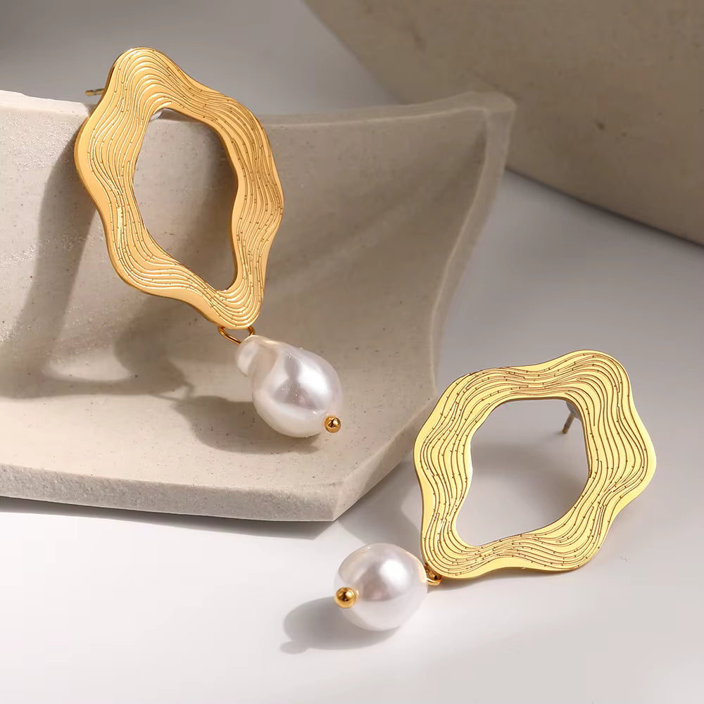Gold Organic Shape Drop Earrings with Pearl Detail