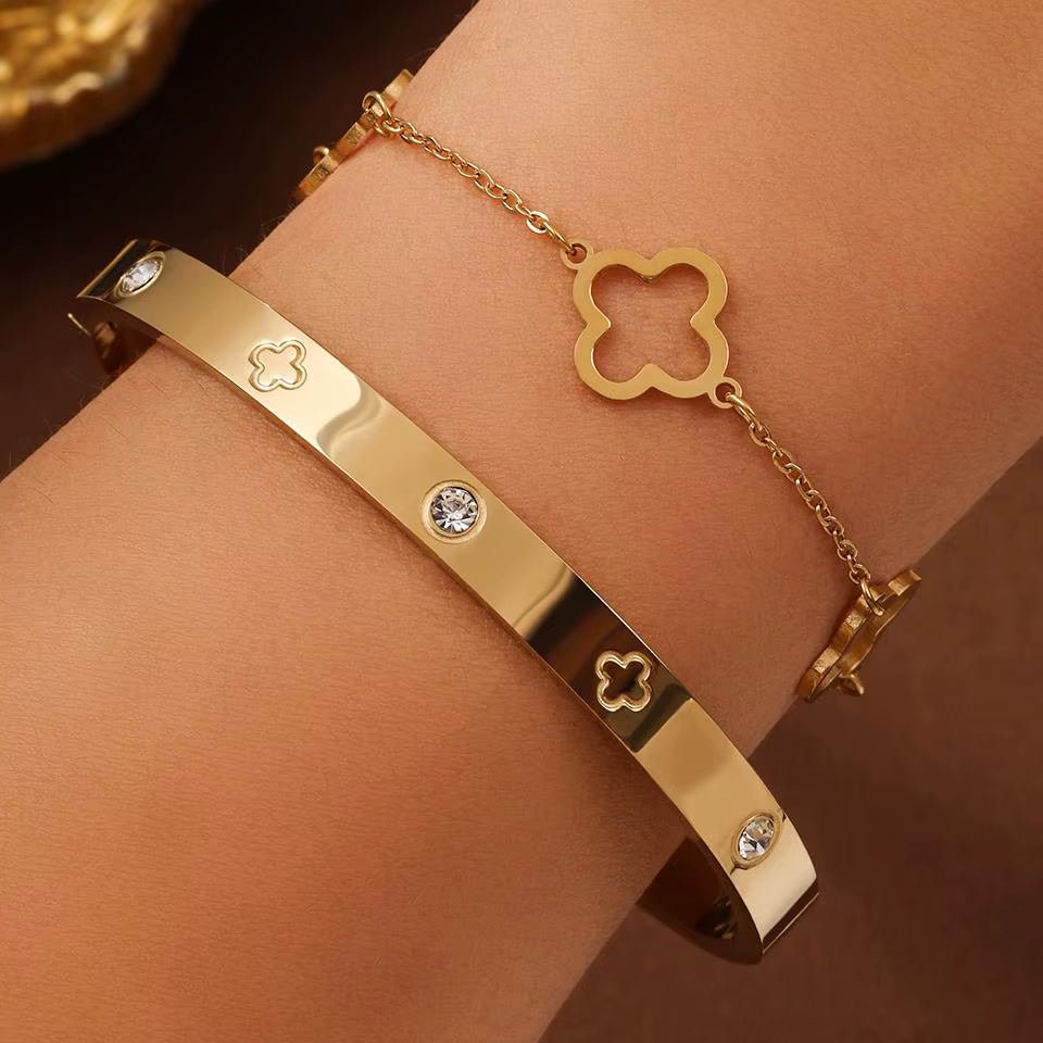 Gold/Silver Clover Bracelet & Bangle Set – Elegant Lucky Charm Adjustable Jewelry
