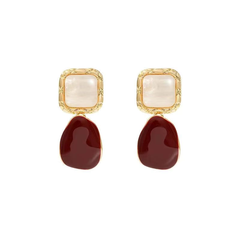 Gold & Burgundy Drop Earrings – Elegant Mother of Pearl Statement Earrings