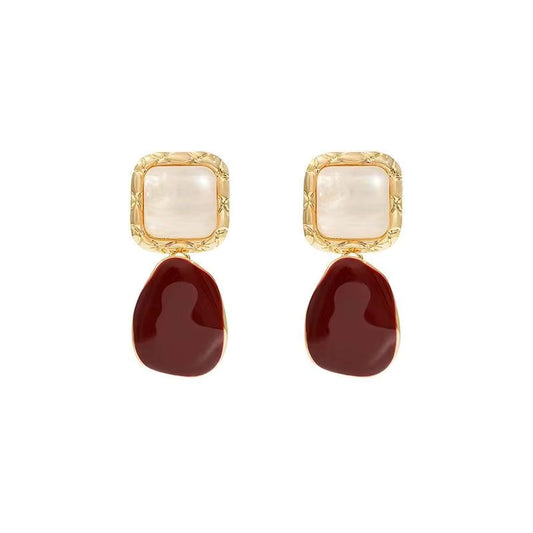 Gold & Burgundy Drop Earrings – Elegant Mother of Pearl Statement Earrings
