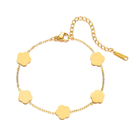Gold Clover Charm Bracelet – Minimalist 5 Flower Stainless Steel Chain Bracelet for Women