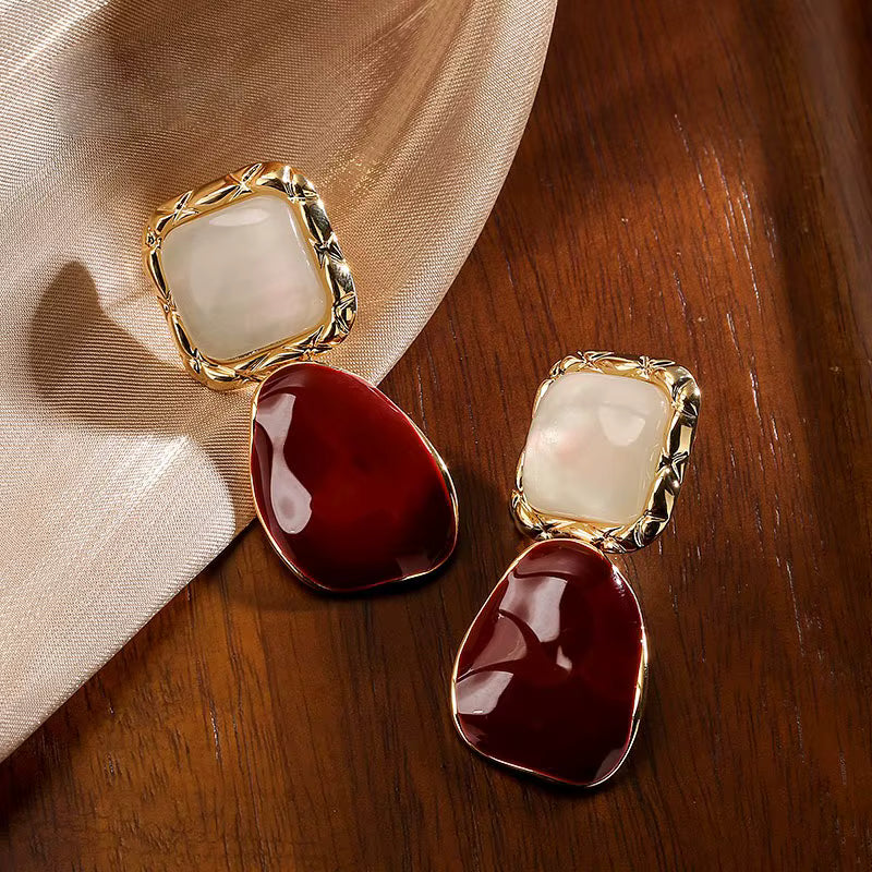 Gold & Burgundy Drop Earrings – Elegant Mother of Pearl Statement Earrings