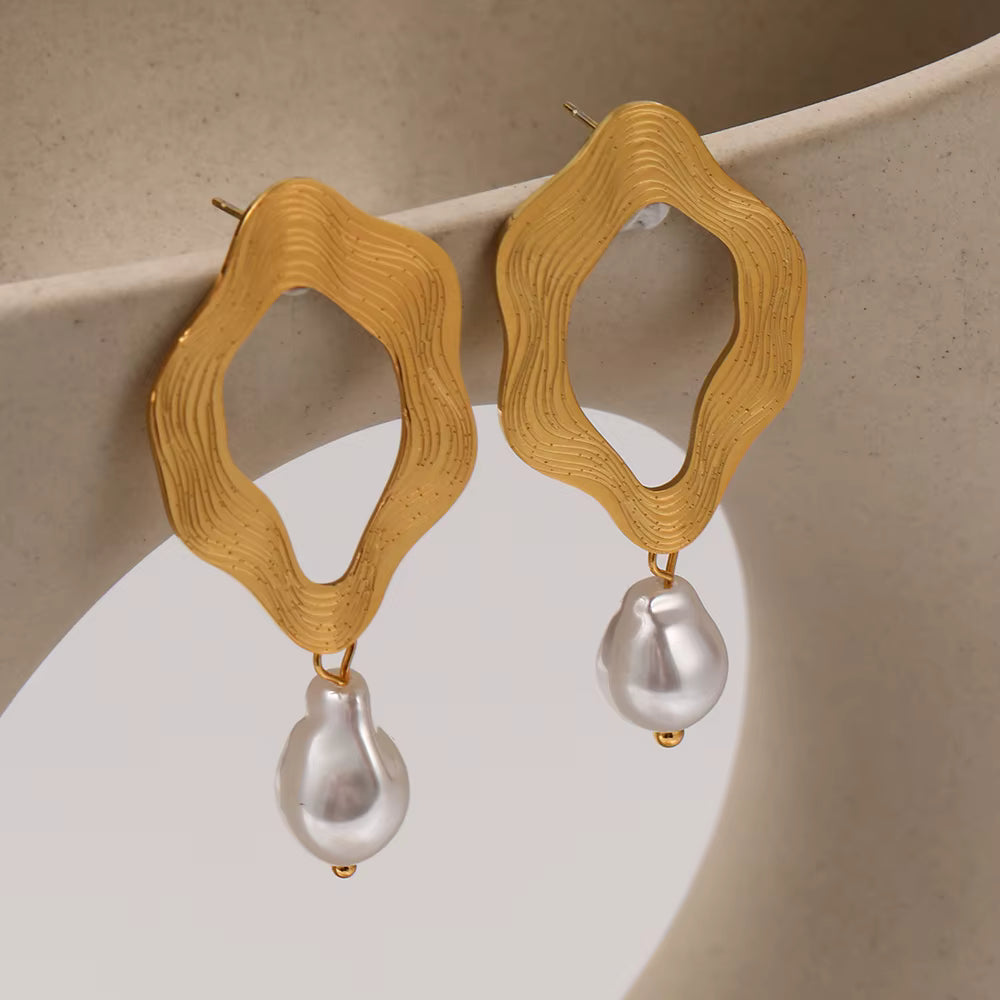 Gold Organic Shape Drop Earrings with Pearl Detail