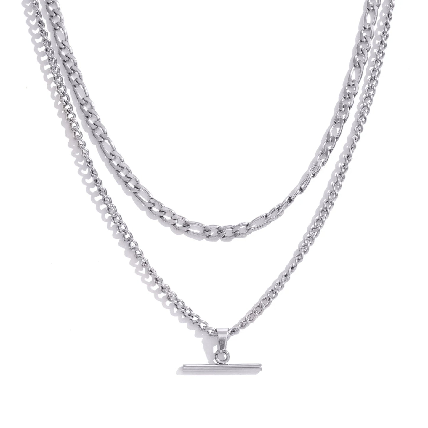 18K Gold Plated Figaro Chain & T-Bar Pendant Double Layer Necklace - Stainless Steel