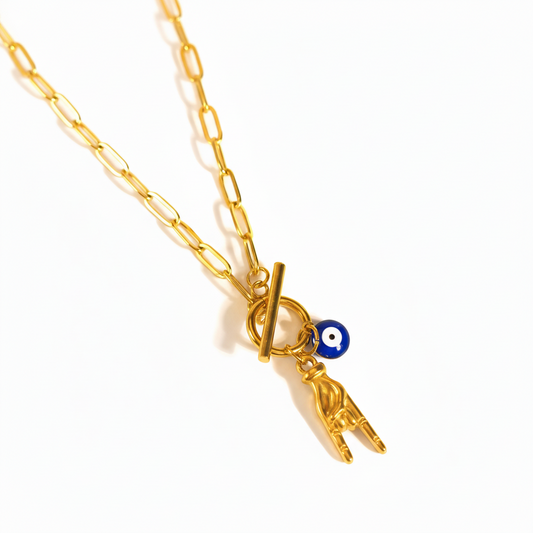Gold Paperclip Chain Necklace with Evil Eye & Rock On Hand Charms