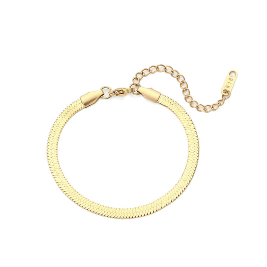 18K Gold Plated Herringbone Bracelet – Minimalist Flat Chain Bracelet for Women