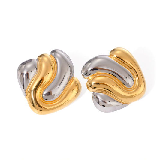Two-Tone Sculptural Stud Earrings – Gold & Silver Finish