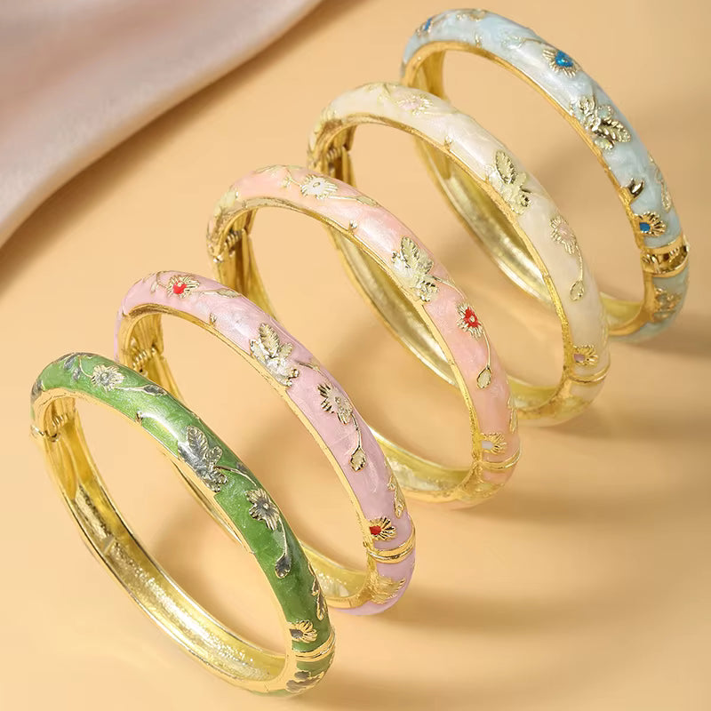 Floral Enamel Bangle Bracelet Set | Gold Stackable Bangles for Women