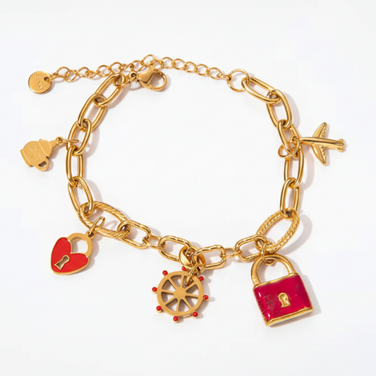 Gold Charm Bracelet with Red Enamel Padlock & Charms