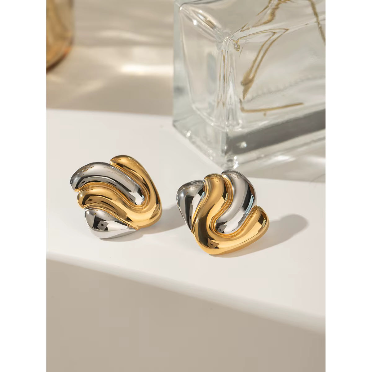 Two-Tone Sculptural Stud Earrings – Gold & Silver Finish
