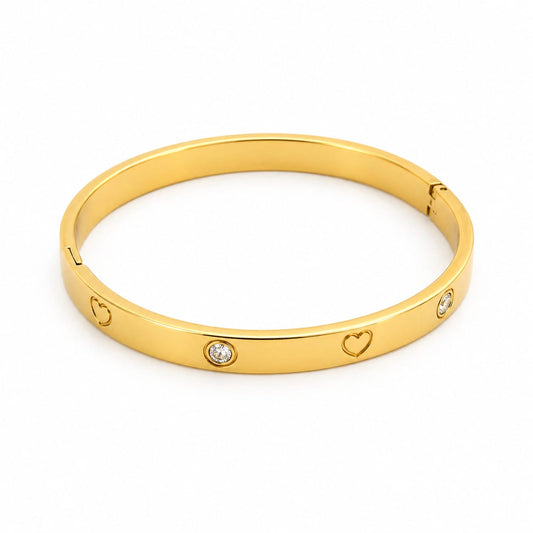 Gold Heart & Crystal Bangle – Minimalist Hinged Bracelet for Women