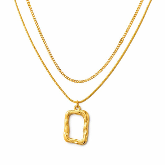 Layered Gold Necklace Set – Rectangular Pendant & Chain Necklace Duo