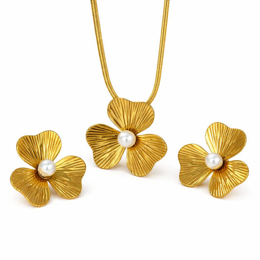 Gold Flower Necklace & Stud Earrings Set with Pearl Detail