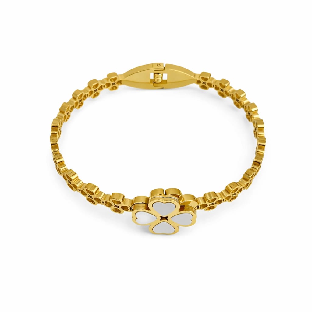 Gold Clover Bangle Bracelet – White Flower Stainless Steel Hinged Bracelet for Women