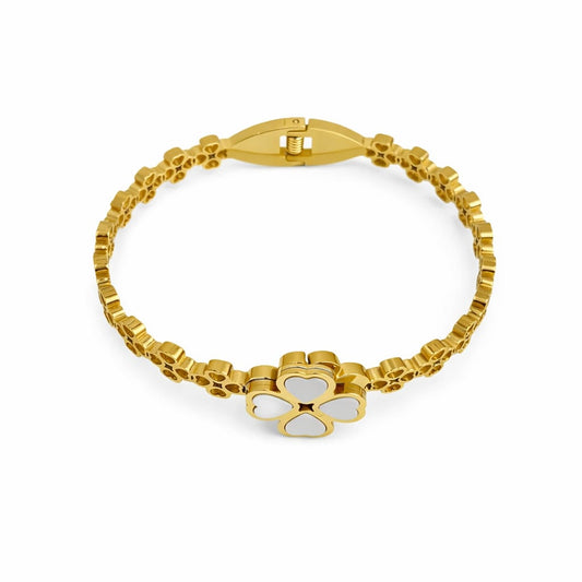 Gold Clover Bangle Bracelet – White Flower Stainless Steel Hinged Bracelet for Women