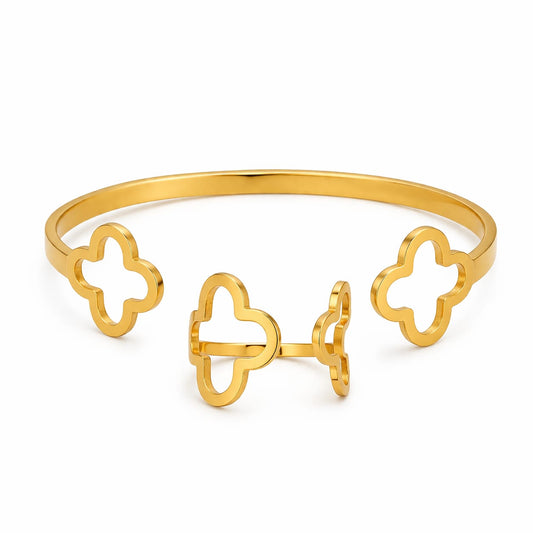 Gold Clover Bangle & Ring Set – Minimalist Open Bracelet with Matching Adjustable Ring