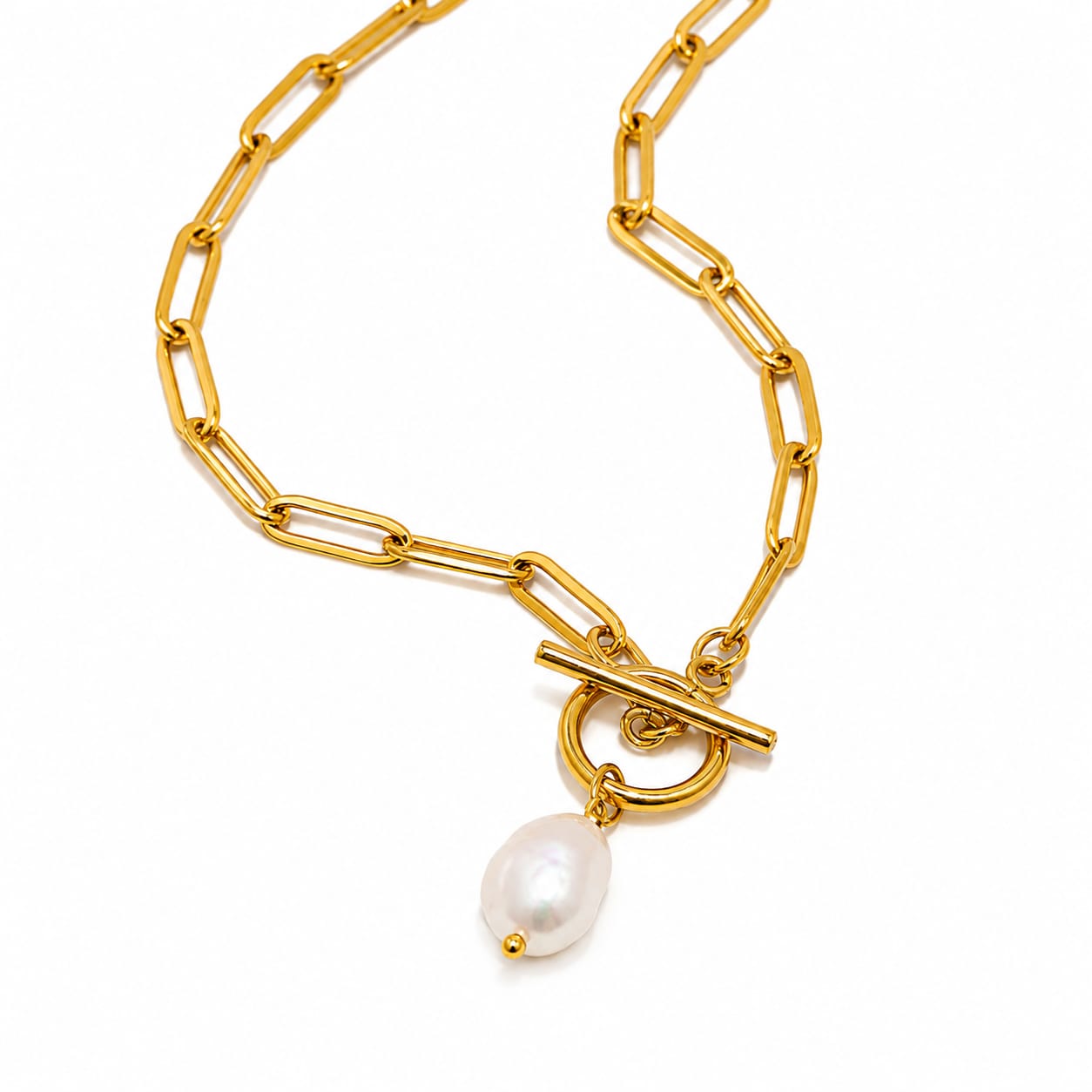 Gold Paperclip Chain Necklace with Freshwater Pearl Pendant | Statement Toggle Clasp Necklace