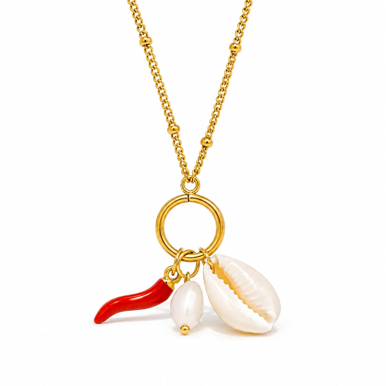 Gold Charm Necklace with Cowrie Shell, Pearl & Red Coral Pendant | Coastal Statement Jewellery