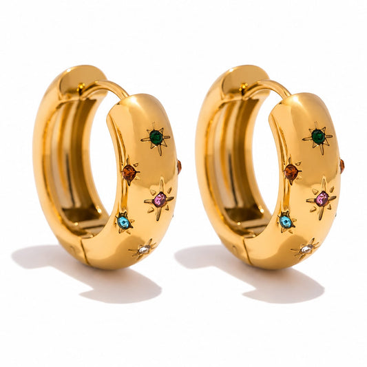 Gold Starburst Hoop Earrings | Chunky Huggie Earrings with Multicoloured Crystal Details