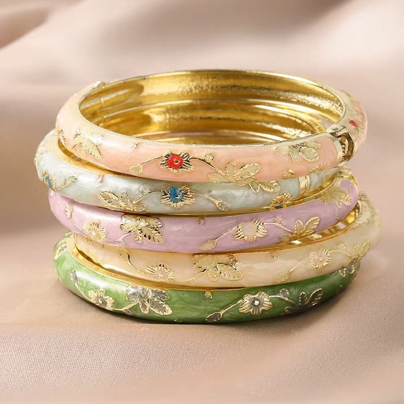 Floral Enamel Bangle Bracelet Set | Gold Stackable Bangles for Women