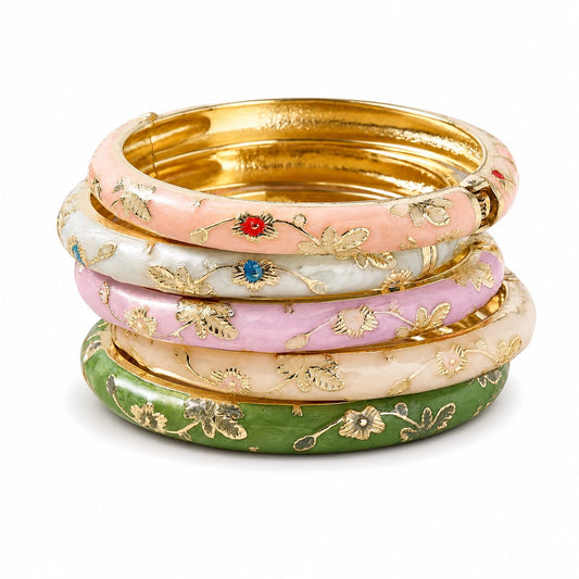 Floral Enamel Bangle Bracelet Set | Gold Stackable Bangles for Women